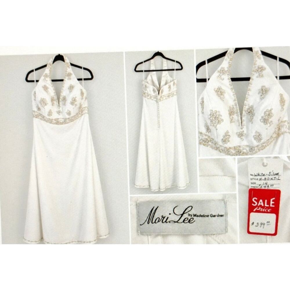 NWT Mori Lee White & Silver Beaded Halter Midi Dress – Size 14